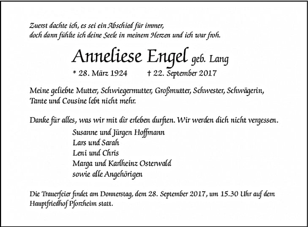 Traueranzeige Annelise Engel